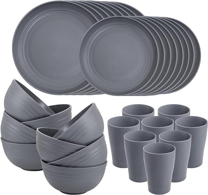 Supernal 32pcs Wheat Straw Dinnerware Sets,Unbreakable Dinnerware Sets for 8,Reusable Tableware,Dishes Set for 8,Plates and Bowls Set Dark Grey Include16pcs Plates, 8pcs Bowls, 8pcs Cups