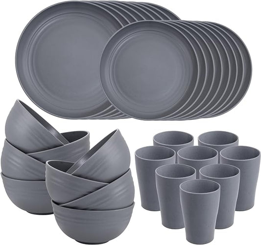 Supernal 32pcs Wheat Straw Dinnerware Sets,Unbreakable Dinnerware Sets for 8,Reusable Tableware,Dishes Set for 8,Plates and Bowls Set Dark Grey Include16pcs Plates, 8pcs Bowls, 8pcs Cups
