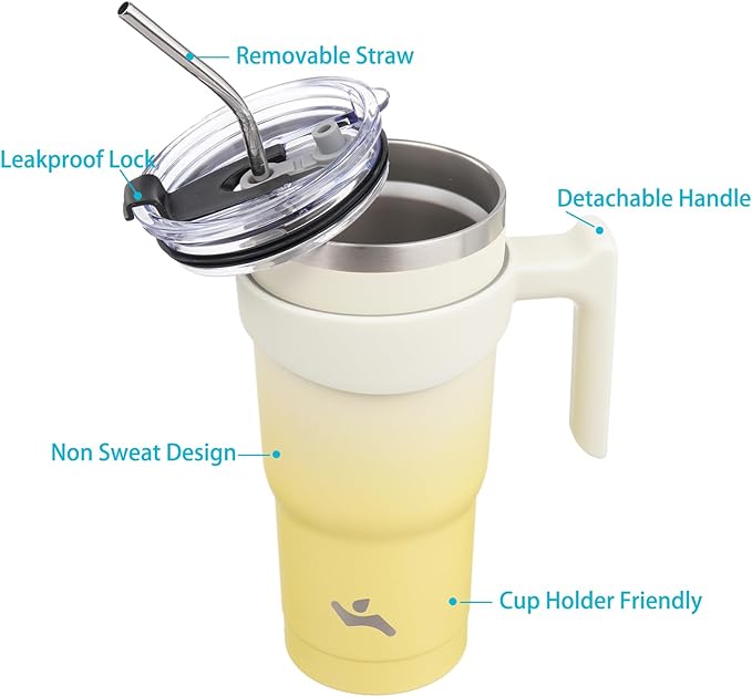 20 oz Tumbler with Handle and 2 Straw 2 Lid, Insulated Water Bottle Stainless Steel Vacuum Cup Reusable Travel Mug,Lemon