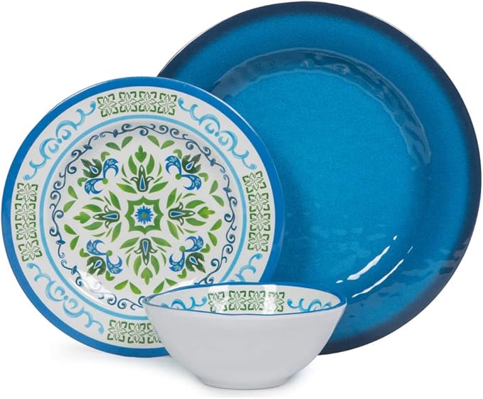 Melamine Dinnerware Sets 12 Pcs, Melamine Plates, Party Plates and Bowls Sets, Camping Dishes Set for 4, Unbreakable, BPA-Free, Dishwasher Safe （Green flowers）