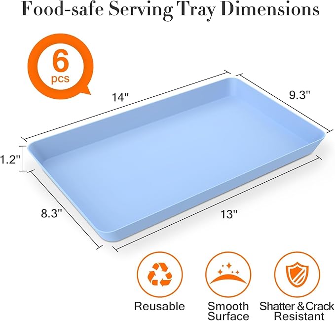 WOWBOX 6 pcs Serving Tray for Entertaining, Serving Platters for Snacks, Fruit, Cookies, Dessert, Reusable Plastic Trays for Serving Food and Pantry Organization in Kitchen & for Parties, (Blue)