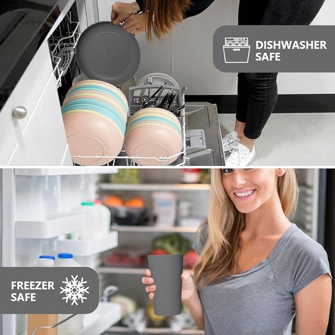 Teivio 32-Piece Kitchen Plastic Wheat Straw Dinnerware Set, Service for 8, Dinner Plates, Dessert Plate, Cereal Bowls, Cups, Unbreakable Colorful Plastic Outdoor Camping Dishes, Gray Matte