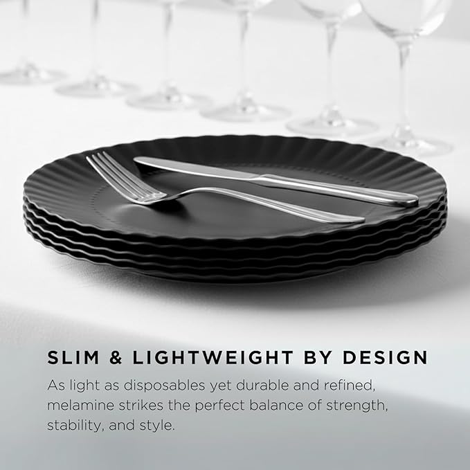 TP Melamine Plates Set of 8, 8-Inch Lightweight Reusable Plates for Picnic, Party, BBQ & Camping, Dishwasher Safe Tableware for Salads, Appetizers & Desserts, Black