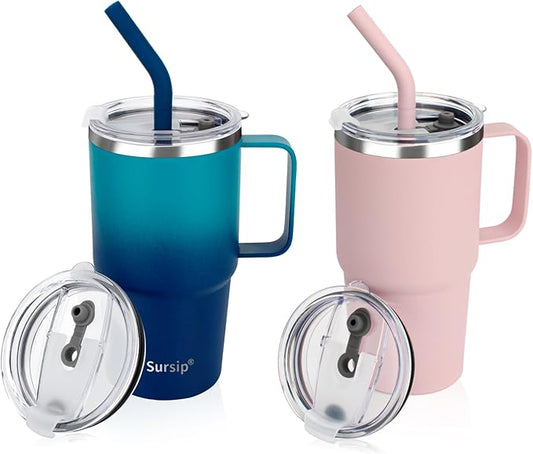 Sursip Kids 24 oz Insulated Cup with Handle, Double Wall Vacuum Stainless Steel Tumbler with Straw and 2 Lids, For Cold/Hot Drinks, Coffee Travel Mug for Car/Home/Office/Party/Camping (2 Pack)