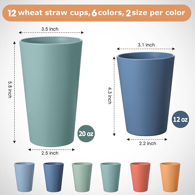 Set of 12 Wheat Straw Cups, 6 Pcs 20 oz & 6 Pcs 12 oz Unbreakable Drinking Cups, Reusable Plastic Cups Sets, Water Glasses Tumblers, Microwave & Dishwasher Safe, Bpa Free, 6 Colors