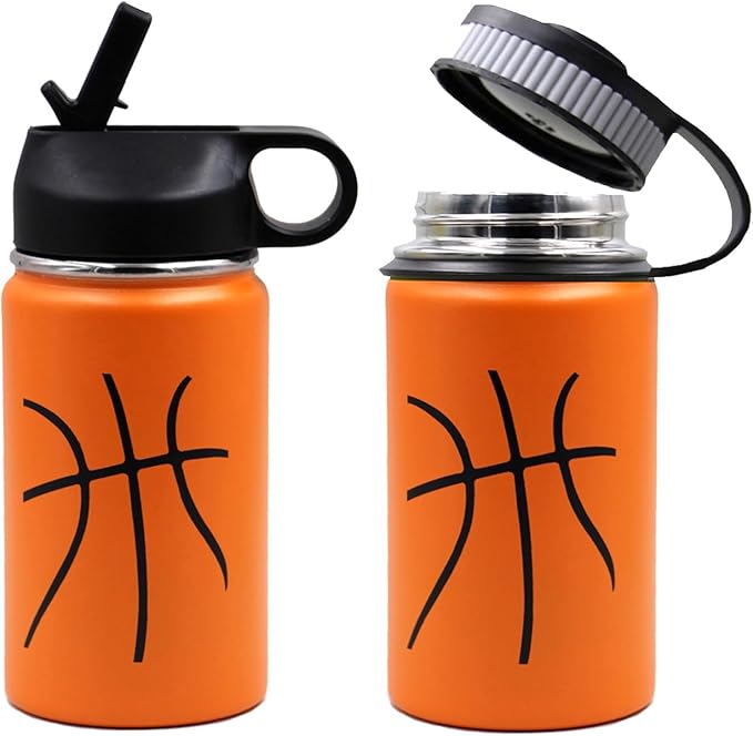 12 oz Basketball Water Bottle, Metal Thermo Travel Tumbler Sports Flask with 2 Lids, Stainless Steel Double Wall Vacuum Leak Proof Insulated Water Bottles, Basketball Accessories Gifts for Boys Girls