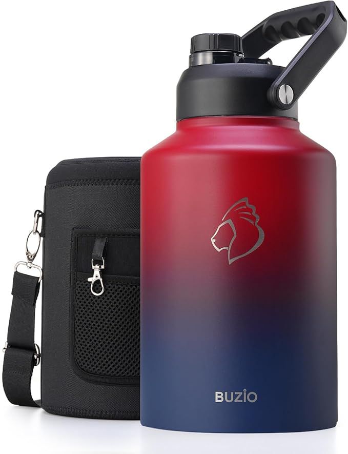 BUZIO One Gallon Water Bottle Insulated, (Cold for 48 Hrs) 128oz Water Jug Large Stainless Steel, 3.58in Big Wide Mouth Leak Proof Metal Flask with Carrying Sleeve for Camping,Gym,Travel, Black Red