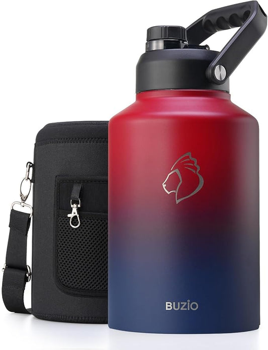BUZIO One Gallon Water Bottle Insulated, (Cold for 48 Hrs) 128oz Water Jug Large Stainless Steel, 3.58in Big Wide Mouth Leak Proof Metal Flask with Carrying Sleeve for Camping,Gym,Travel, Black Red
