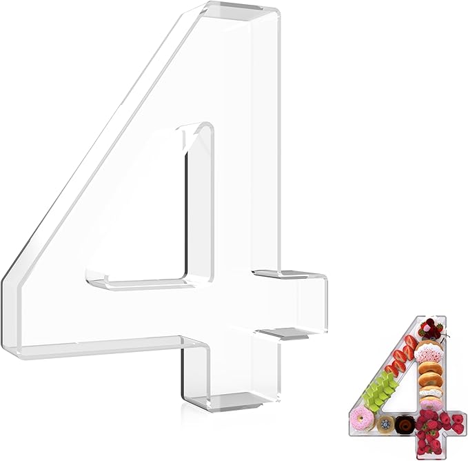 13.8" Extra Large Acrylic Number Charcuterie Board Box, Reusable Fillable Number Cake Candy Dish Display Serving Tray for Birthday Anniversary Party Decoration (4)