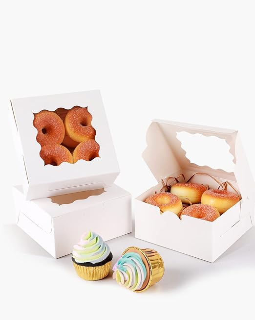 qiqee Bakery Box with Window 100packs 6x6x3 White Cookie Boxes Pastry Box for Wedding Favor Birthday ＆ Party