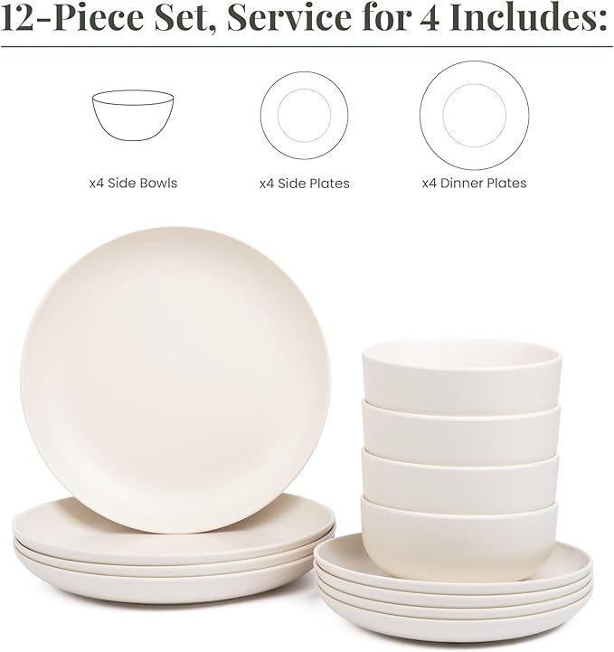 Larder & Vine 12-Piece Melamine Dinnerware Set: Durable, Lightweight, Break-Resistant Plates & Bowls – Stylish, Non-Toxic, Dishwasher Safe – Ideal for Everyday Use, Indoor & Outdoor Dining – Ivory
