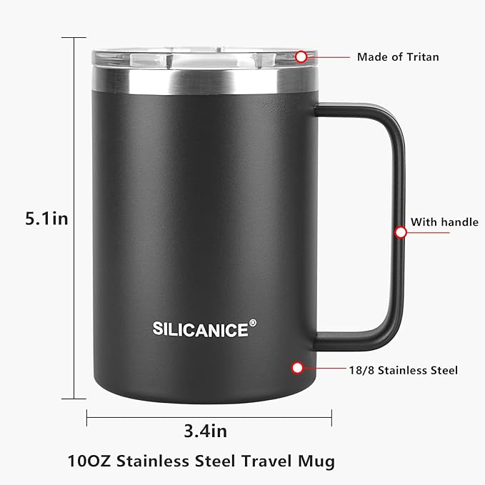 14 oz Stainless Steel Vacuum Insulated Tumbler with handle & MacSlider Lid, Dishwasher Safe & Spill Proof Coffee Cup, Travel Mug for Hot/Cold Drinks, Durable Design - Black