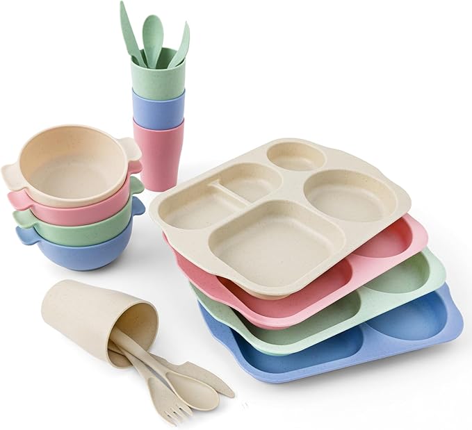 24 Pcs Wheat Straw Dinnerware Cutlery Set, Unbreakable Tableware Set, Bowls, Cup, Cutlery Spoons Knifes Forks, BPA Free, Microwave Dishwasher Safe (Colorful)