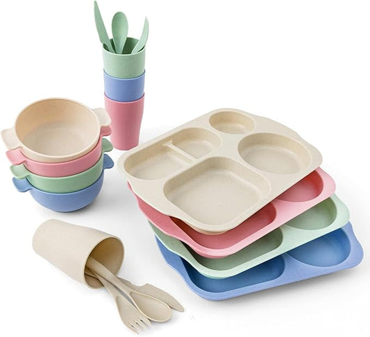 24 Pcs Wheat Straw Dinnerware Cutlery Set, Unbreakable Tableware Set, Bowls, Cup, Cutlery Spoons Knifes Forks, BPA Free, Microwave Dishwasher Safe (Colorful)