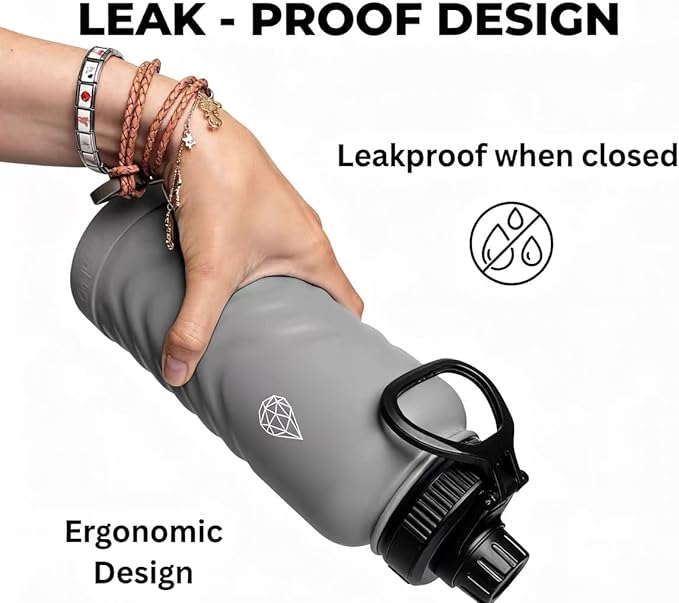 32oz Stainless Steel Insulated Water Bottle, 48H Ice Cold & 24H Hot, Leak-Proof Wide Mouth Lids (Straw & Spout), BPA-Free Bottles, Mens Water Bottle for Gym, Hiking, Travel - Grey