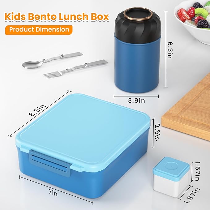 Bento Lunch Box Set for Kids with 17oz Soup Thermo, Lunch Box with Folding Fork & Spoon, Leakproof Lunch Food Containers with 4 Compartment for School, Office, Travel and Park Pinic