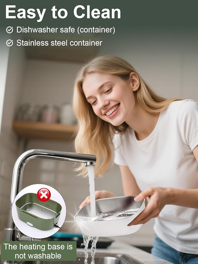 80W Electric Lunch Box for Adults, 1.5L Stainless Steel Food Warmer Lunchbox, 12V/24V/110V Portable Heated Lunch Box for Car/Truck/Office, Leak-Proof, Dishwasher-Safe with Insulated Bag(Green)