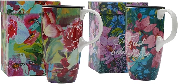 Topadorn Ceramic Coffee Mug Travel Mug with Lid Tea Cup,Set of 2,17oz.Dragonfly