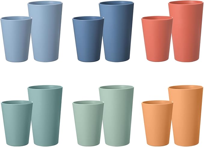 Set of 12 Wheat Straw Cups, 6 Pcs 20 oz & 6 Pcs 12 oz Unbreakable Drinking Cups, Reusable Plastic Cups Sets, Water Glasses Tumblers, Microwave & Dishwasher Safe, Bpa Free, 6 Colors
