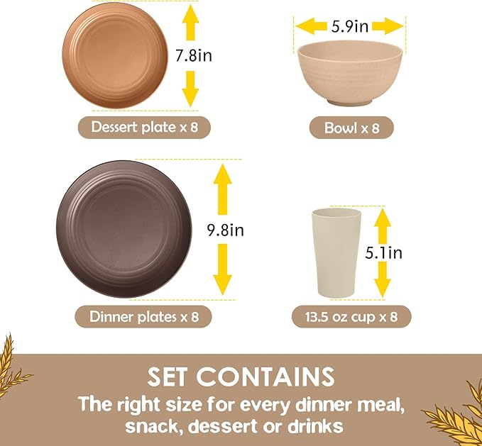 Teivio 32-Piece Kitchen Plastic Wheat Straw Dinnerware Set, Service for 8, Dinner Plates, Dessert Plate, Cereal Bowls, Cups, Unbreakable Colorful Plastic Outdoor Camping Dishes, Desert