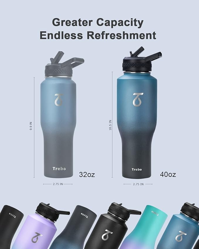 Trebo 40 oz Water Bottle Insulated Fit in Any Car Cup Holder,Triple Wall Vacuum Insulated Water Bottle (Cold for 48 Hrs, Hot for 24 Hrs),Leakproof Stainless Steel Tumbler Flask with Paracord Handle