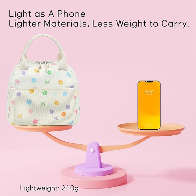 BTOOP Lunch Box for Women Men Cute Corduroy Lunch Bags Large Capacity Insulated Lunch Tote Bag For Work Travel Or Picnic (Colorful Floral Bow)