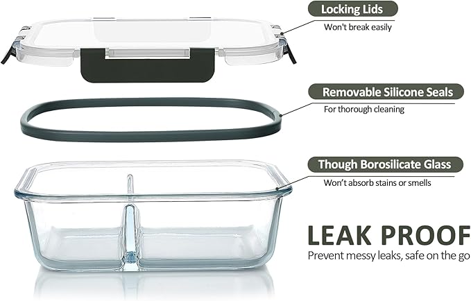 [5-Pack,36 Oz]Glass Meal Prep Containers 2 Compartments Portion Control with Upgraded Snap Locking Lids Glass Food Storage Containers, Microwave, Oven, Freezer and Dishwasher (4.5 Cups)