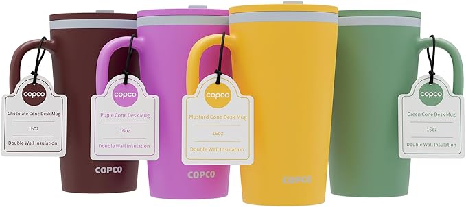 Copco Cone Desk Mug, 16 Ounce (Set of 4) - Double Wall Insulated Mug Set with Lid and Handle, Microwave & Dishwasher Safe, BPA-Free Mug, Desk-Friendly & Car Cup Holder Compatible (Assorted Colors)