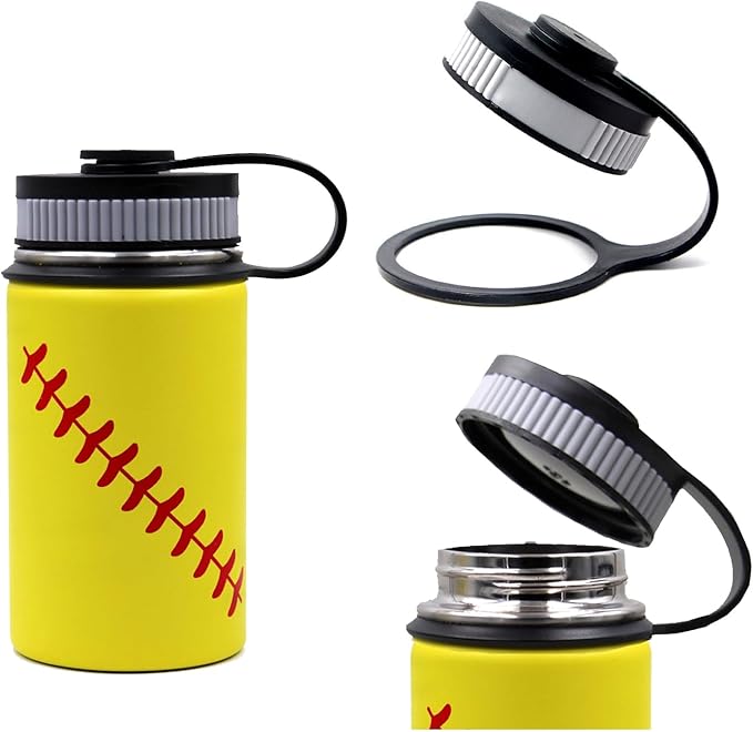 12 oz Softball Water Bottle, Metal Sports Flask Thermo Travel Tumbler with 2 Lids, Stainless Steel Double Wall Vacuum Insulated Leak Proof Water Bottles, Softball Accessories Gifts for Boys Girls