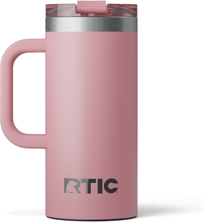 RTIC 16oz Road Trip Travel Mug with Lid and Handle, Ceramic Lined, Insulated, Stainless Steel, Metal, Double Wall Vacuum-Insulation, Portable Coffee, Tea Cup for Hot and Cold Drink, Dusty Rose