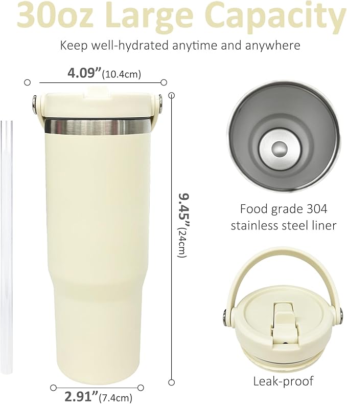 30 oz Tumbler Bulk with Top Handle, Double Wall Vacuum Insulated Tumbler with Flip Straw, Travel Coffee Mug 30oz Powder Coated Cup for Laser Engraving (Cream,4 pack)