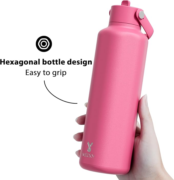 Meoky Women Insulated Water Bottle for Sports: 24 oz Stainless Steel Water Bottle with Straw and Flip Lid for Work - Commuters Yoga Enthusiasts, Ruby