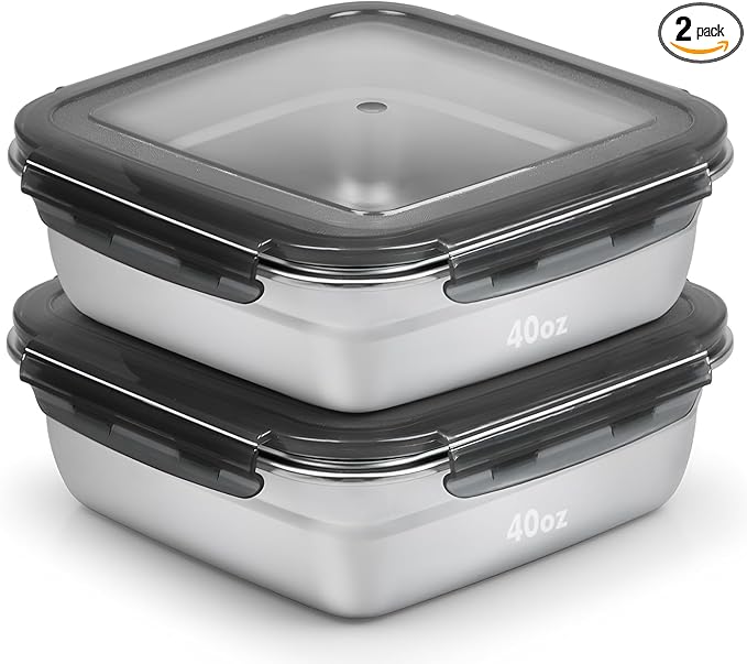 2 Pack Sandwich Containers, 40oz Stainless Steel Sandwich Box with Airtight Lids, Reusable Metal Meal Prep Lunch Boxes, BPA-Free, Dishwasher Safe, Large Capacity Food Storage Containers (Black)