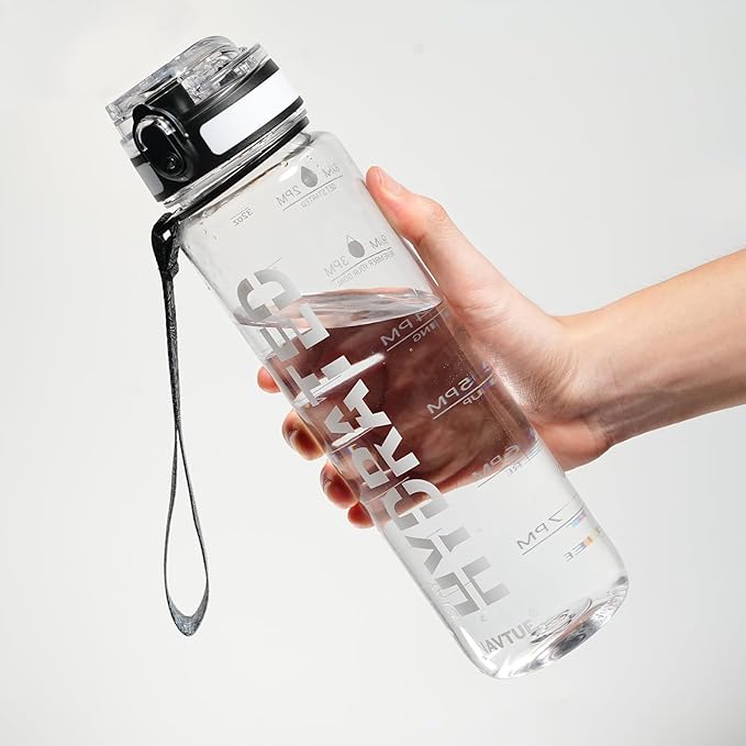 Water Bottle, 32 oz Sports Water Bottles with Time Marker Wide Mouth, Motivational and Leakproof Drink Bottle, BPA Free Tritan with Carry Strap for Gym Fitness Outdoor(Direct Drink 1 Bottle)