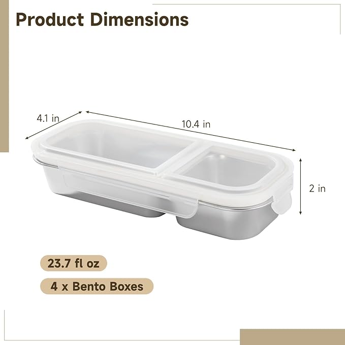 yeesport 4 Pcs Stainless Steel Bento Boxes, 2-Compartment 23.7 fl oz Snack Containers with Leakproof Silicone Seals, Stackable Meal Prep Food Storage Box for Adults & Youngsters