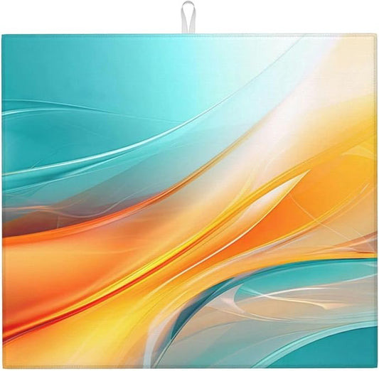 Teal Orange Geometric Wave Dish Drying Mat for Kitchen Counter, Absorbent Microfiber Drying Pad for Kitchen Dishes, 16" x 18" Polyester, Washable, Reusable, Foldable, for Dining Area, Small Appliances
