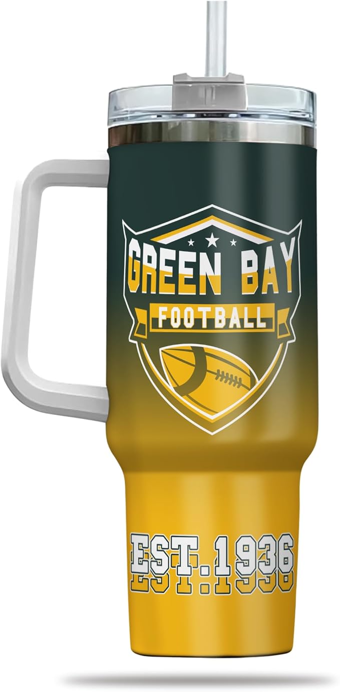 Custom 40oz Football Stainless Steel Tumbler with Handle & Straw, Personalized Insulated Travel Mug, Add Name & Number Cup, Sports Fan Game Day Gift (Green Bay-01)