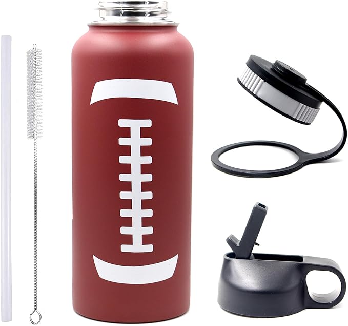 40 oz Football Water Bottle, Metal Thermo Travel Tumbler Sports Flask with 2 Lids, Stainless Steel Double Wall Vacuum Leak Proof Insulated Water Jug, Football Accessories Gifts for Mom Men Boys Girls