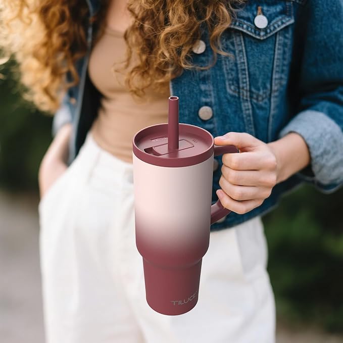 TILUCK 40 oz Tumbler with Handle, Vacuum Insulated Stainless Steel Travel Mug with 100% Leak-Proof Silicone Straw Lid, Cupholder Friendly Water Bottle(BurgundyGradient, 40oz)