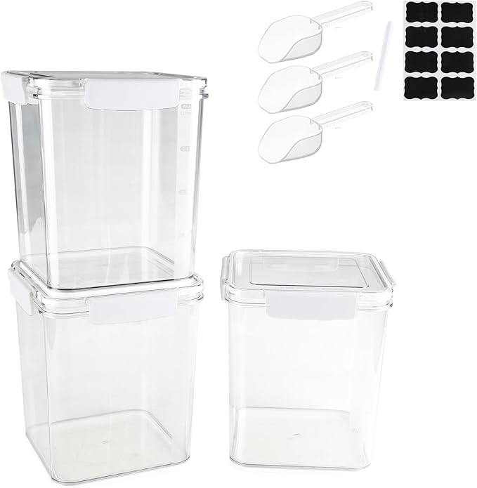 Set Of 3 Large Food Storage Jars 4L - Airtight Containers with Lids,Sugar and Flour Containers Set with Spoon,Kitchen Canisters for Sugar,Flour, Coffee,Pantry Organization Keeper(Clear-3 Pack)