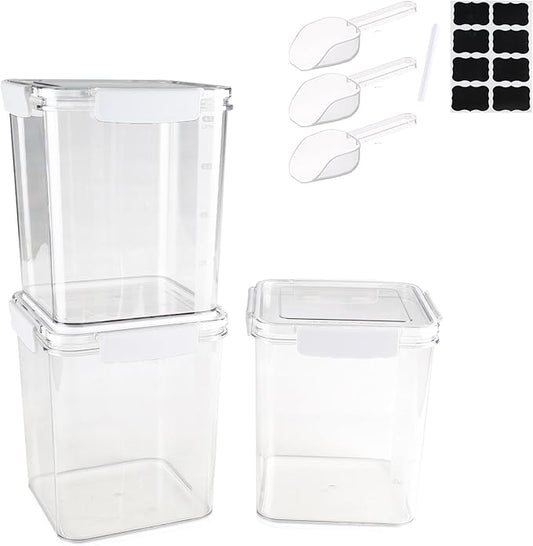 Set Of 3 Large Food Storage Jars 4L - Airtight Containers with Lids,Sugar and Flour Containers Set with Spoon,Kitchen Canisters for Sugar,Flour, Coffee,Pantry Organization Keeper(Clear-3 Pack)