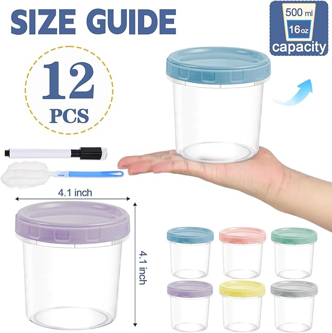 12pcs 16 oz Plastic Deli Containers with Screw Lids, Small Freezer Container Reusable 2 Cup Food Storage Container with Pen & Brush for Snack Salad Fruit, Microwave & Dishwasher Safe BPA Free