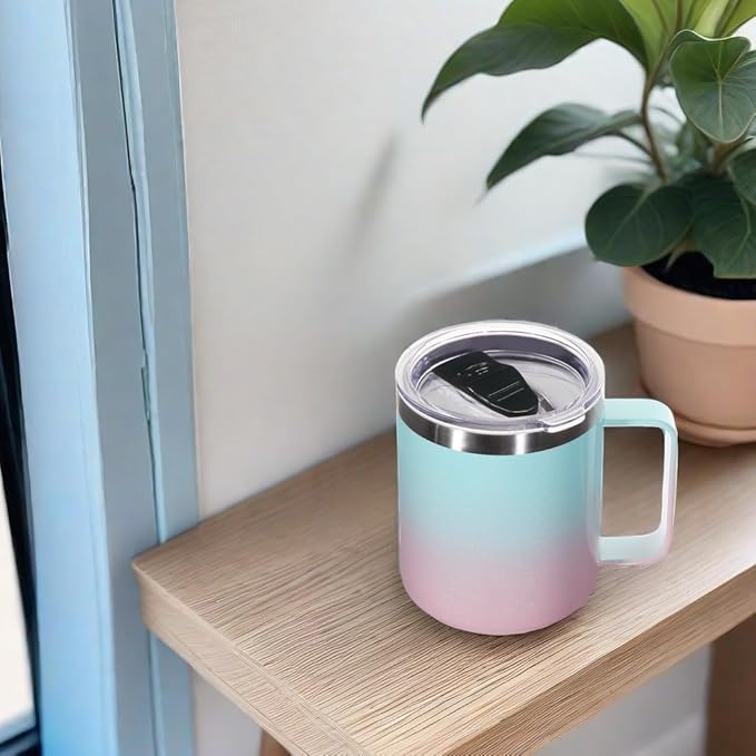 Volhoply 14oz Insulated Stainless Steel Coffee Mug with Lid Bulk 2 Pack,Double Wall Vacuum Travel Coffee Cup with Handle,Reusable Cups Tumbler,Camping Mugs Keep Hot,Ideal Gifts(Green Pink,2)