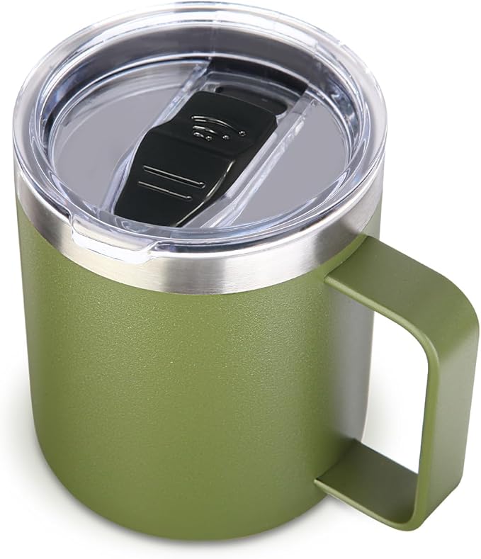 Volhoply 14oz Insulated Stainless Steel Coffee Mug with Leakproof Lid,Double Wall Vacuum Travel Coffee Cup with Handle,Reusable Cups Tumbler,Camping Mugs Keep Hot,Ideal Gifts(Army Green,1)