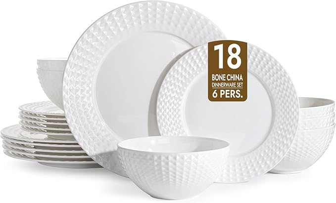 KINGSTONE Bone China Dinnerware Set, 18-Piece White Lightweight Porcelain for 6, Plates and Bowls with Rhombus patterned edge design, Microwave and Dishwasher Safe, for Family, Restaurant, Gifting