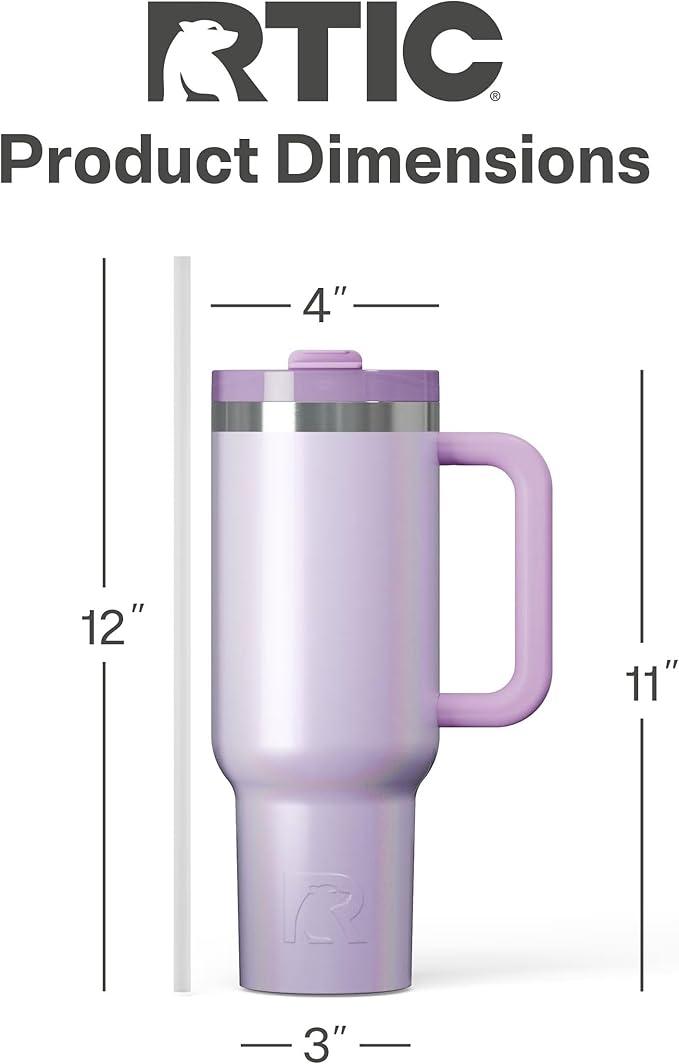 RTIC 40 oz Road Trip Tumbler Double-Walled Cermaic Lined Insulated Stainless Steel Portable Travel Coffee Mug Cup with Lid, Handle and Straw, Lavender Glitter