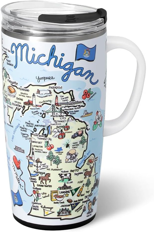 Swig Life 22oz Travel Mug, Insulated Tumbler with Handle and Lid, Travel Coffee Mug, Cup Holder Friendly, Stainless Steel 22 oz Tumbler, Reusable Insulated with Lid (Michigan)