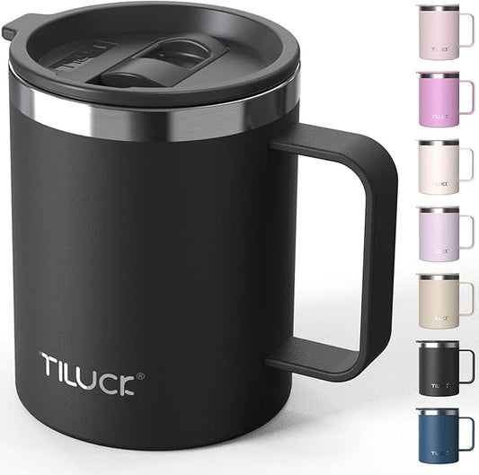 TILUCK 12 oz Insulated Coffee Mug with Lid, Leak-Proof Stainless Steel Travel Mug Cup with Handle for Hot or Cold Drinks(MidnightBlack, 12oz)