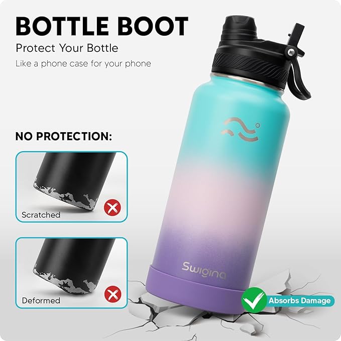 [2-IN-1 LID] Insulated Water Bottle with Silicone Boot (36hrs Cold/18hrs Hot) - DIY Stickers, Leakproof, BPA Free, 32 oz