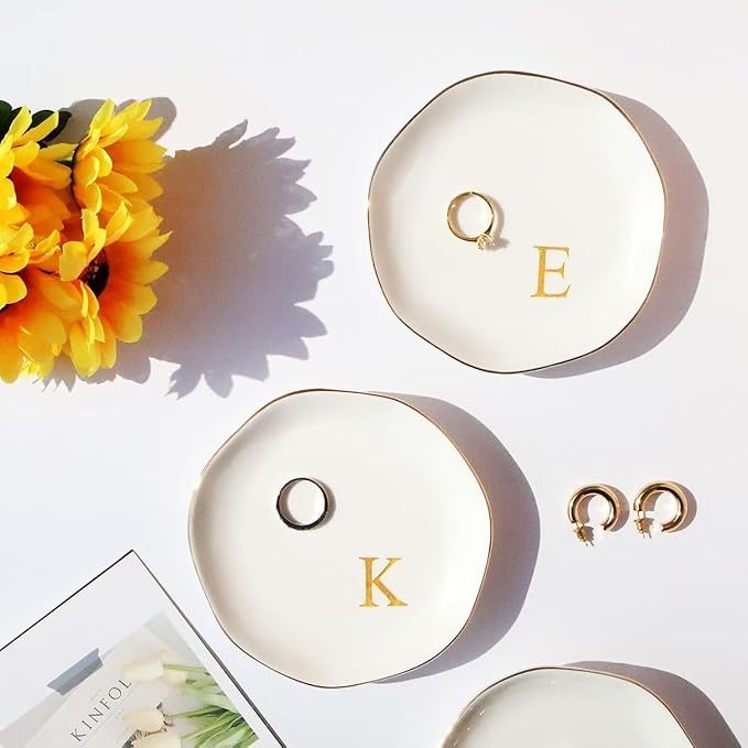 Ceramic Jewelry Tray Initial Ring Dish Personalized D-Monogrammed Engagement Wedding Gifts, for Birthday Mother's Day Christmas for Women, Ceramic White 4.75" (Q)